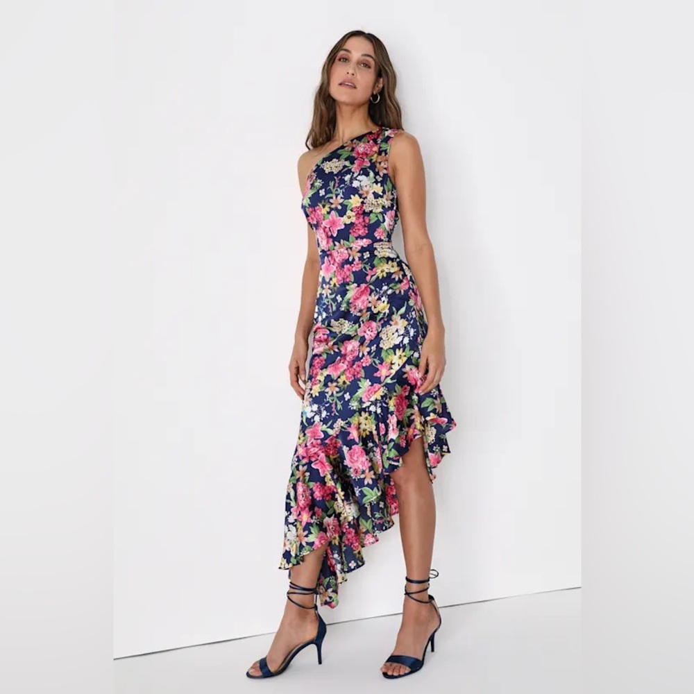Lulu's Navy One-Shoulder Floral Ruffle Dress